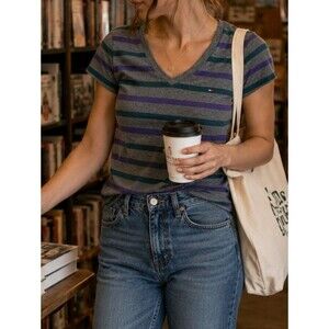 Tommy Hilfifer Striped Shirt S/S Purple Green L Cotton Vneck Casual Preppy